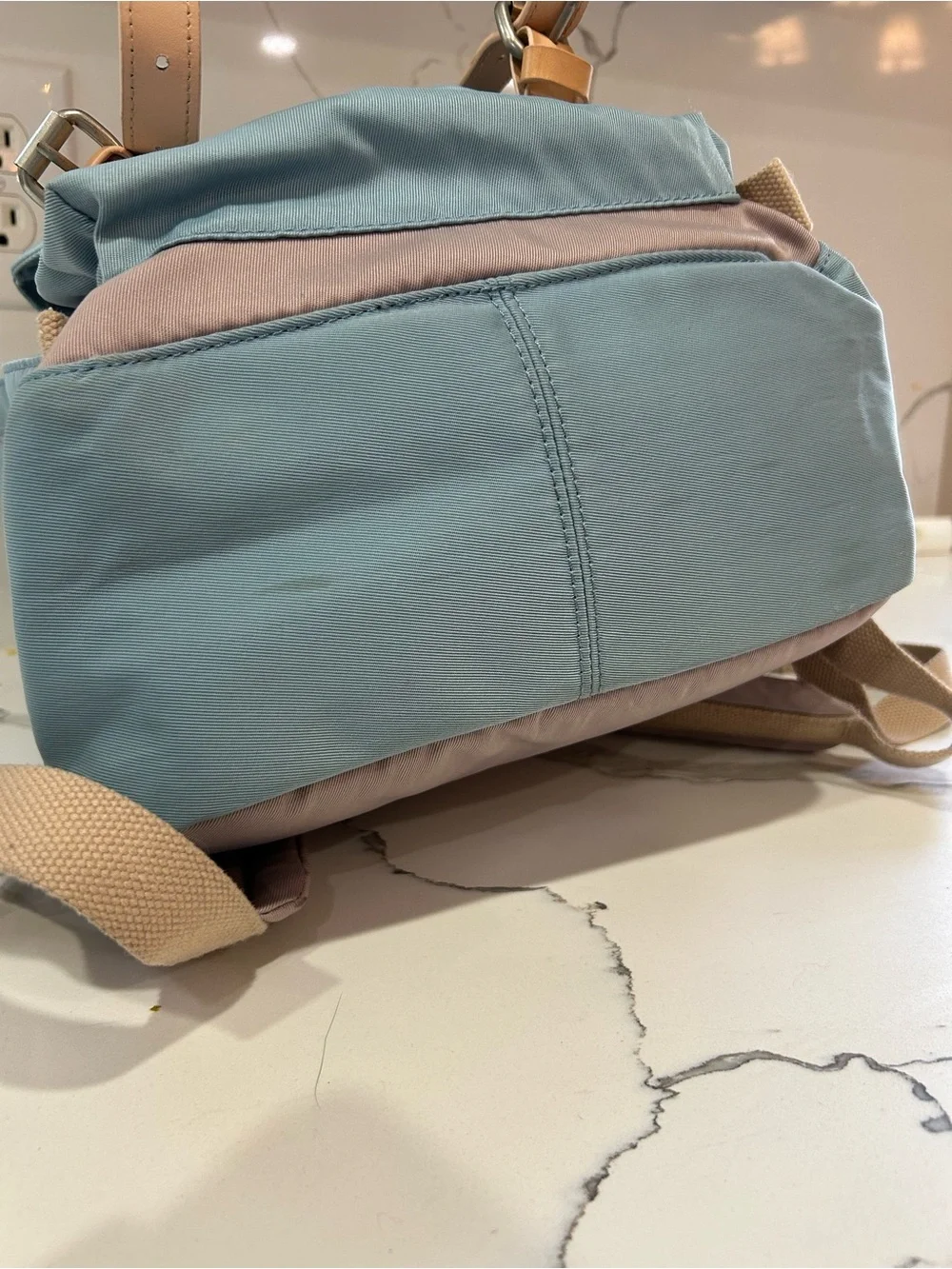 Doughnut Macaroon Blue & Lavender Canvas Backpack with Tan Accents - Women